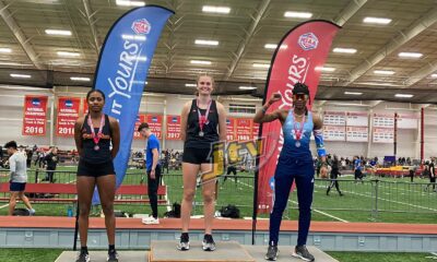 Kimberly Smith (first from right) celebrates her silver medal .