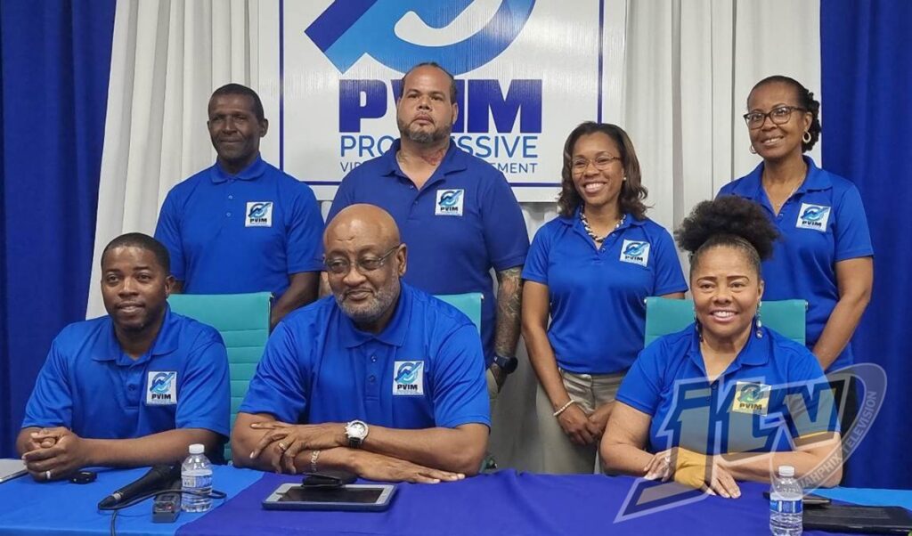 PVIM candidates, front from left: Mitch Turnbull, Ronnie Skelton, and Shereen Flax-Charles; standing from left: Paul Hewlett, Stacy Mather, Shaina Smith, and Sylvia Moses.