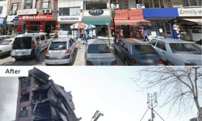 Before and after images of a building affected by the earthquake that shook Syria and Turkey
